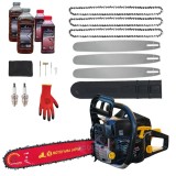Cumpara ieftin *MEGA Pachet* 8.5cp Drujba benzina + 3 lanturi + 3 lame + x2 ulei ungere lant 1L + x2 ulei amestec 0.5L + x2 bujii + accesorii + manusi protectie, MOT