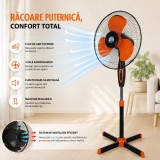 Cumpara ieftin Ventilator cu picior de 16 inch (40 cm), cu palete portocalii și bază &icirc;n cruce, din metal si plastic, dimensiune reglabila, negru/portocaliu