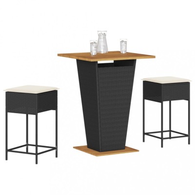 vidaXL Set mobilier bar de grădină cu perne, 3 piese, negru, poliratan foto