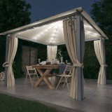 VidaXL Pavilion cu perdele &amp; șiruri lumini LED, crem, 3x3 m, aluminiu