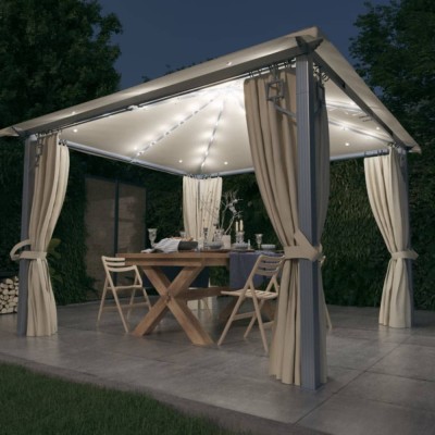Pavilion cu perdele &amp;amp; șiruri lumini LED, crem, 3x3 m, aluminiu foto