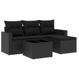 Set mobilier de gradina cu perne, 5 piese, negru, poliratan
