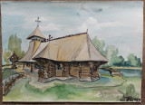 Biserica de lemn din Reghin// acuarela Rodica Raileanu 1988, Portrete, Cerneala, Altul