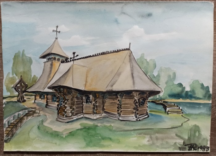 Biserica de lemn din Reghin// acuarela Rodica Raileanu 1988