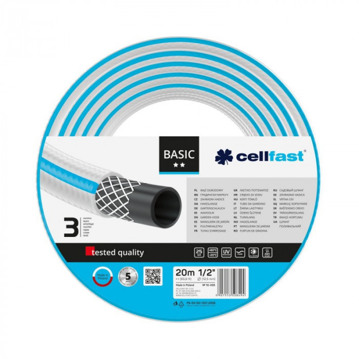 Furtun pentru gradina Cellfast Basic, 3 straturi, 20 m, 25 bar, 1/2 inch, protectie UV, flexibil, Albastru
