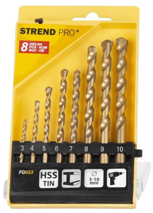 Set de burghie Strend Pro FD023, 8 piese, 3-10 mm, TiN, pentru zidărie