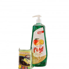 Detergent de Vase cu Pompita Poy, Parfum de Mango, 750ml + 1 Burete de Vase