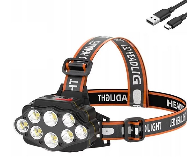 8 LED фенерче, USB зареждане, индикатор за батерията, 4400mAh, регулируема каишка