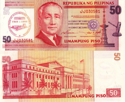 FILIPINE 50 piso 1999 COMEMORATIVA (BANCA CENTRALA 50 ANI) UNC!!! foto