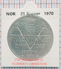 Norvegia 25 kroner 1970 argint 29g - Liberation - km 414 - D55801