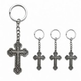 Cumpara ieftin Set 4 brelocuri argintii 10,5 cm cu cruce 5,4 x 3,3 cm, aliaj metalic patinat filigranat, port chei barbati si femei sau marturii botez