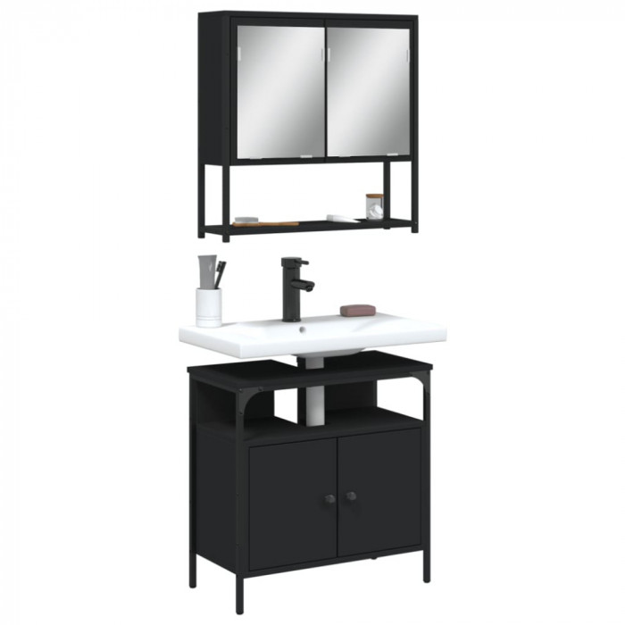 vidaXL Set mobilier de baie, 2 piese, negru, lemn compozit