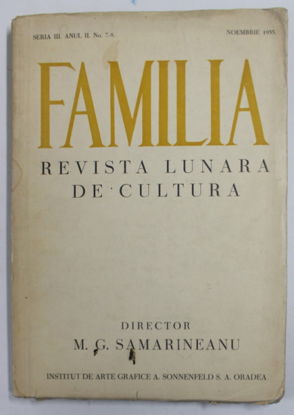 FAMILIA , REVISTA LUNARA DE CULTURA , SERIA III , ANUL VII , NR. 7-8 , NOIEMBRIE , 1935