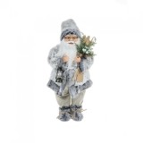 Figurina decorativa Mos Craciun realist, costum gri, schiuri si felinar, 45 cm