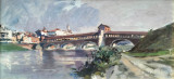 Il Ponte Coperto sul Ticino din Pavia - pictură &icirc;n ulei pe carton, Peisaje, Impresionism