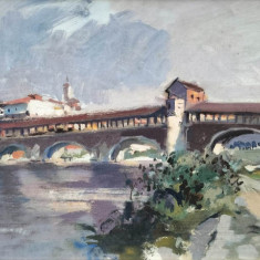 Il Ponte Coperto sul Ticino din Pavia - pictură în ulei pe carton