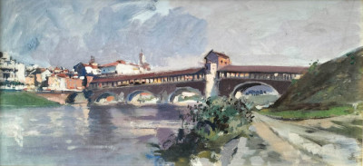 Il Ponte Coperto sul Ticino din Pavia - pictură &amp;icirc;n ulei pe carton foto