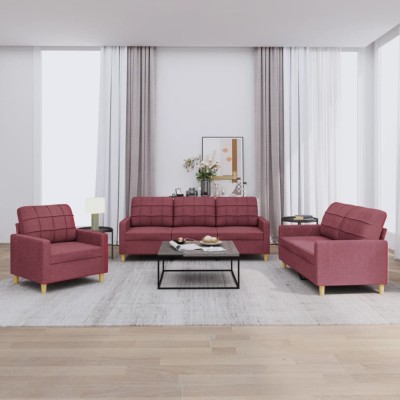 vidaXL Set canapea cu perne, 3 piese, roșu vin, material textil foto
