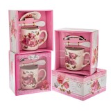 Cumpara ieftin Cana Romantic Roses din ceramica cu capac si lingurita