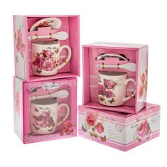 Cana Romantic Roses din ceramica cu capac si lingurita