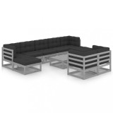 Set sezlonguri gradina cu perne, 10 piese, gri, lemn masiv pin