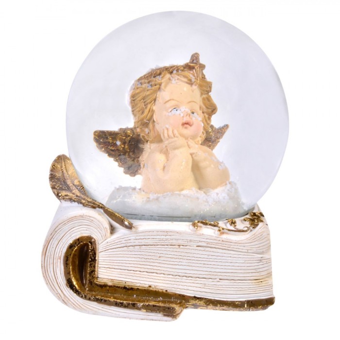 Glob Lichid Decorativ Crăciun, Model &Icirc;ngeraș, Aripi Aurii, Suport Carte, Sticlă, Alb/Auriu, 10x12.5cm