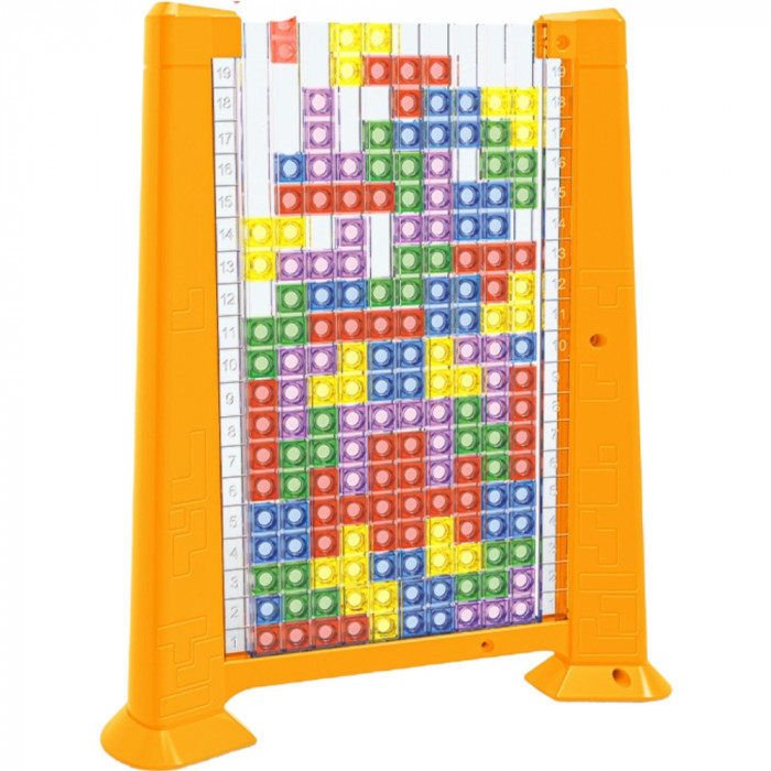 Joc de inteligenta Tetris puzzle tangram Flippy, 70 de piese multicolore, 3D, montessori, interactiv, din plastic, zar inclus, sac depozitare piese, v