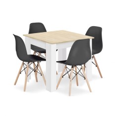 Set masa pentru sufragerie/living + 4 scaune Osaka negru, Artool, lemn, stejar sonoma si alb, 80x80x75 cm