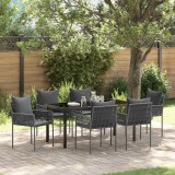 Set de dining pentru grădină cu 7 piese și perne, negre, din rattan sintetic.