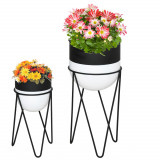 Outsunny Set 2 Ghivece &Icirc;nălțate cu Suport Metalic, Vase Decorative pentru Interior și Exterior, Negru | Aosom Romania