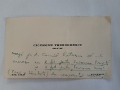 Autograf pe Carte de vizita Cicerone Theodorescu catre CAMIL PETRESCU