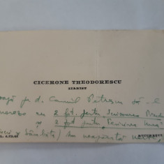 Autograf pe Carte de vizita Cicerone Theodorescu catre CAMIL PETRESCU