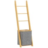 HOMCOM Suport prosoape din bambus cu coș de rufe, scară suport pentru prosoape cu 1 coș de rufe, 43 x 35 x 133 cm, gri | Aosom Romania