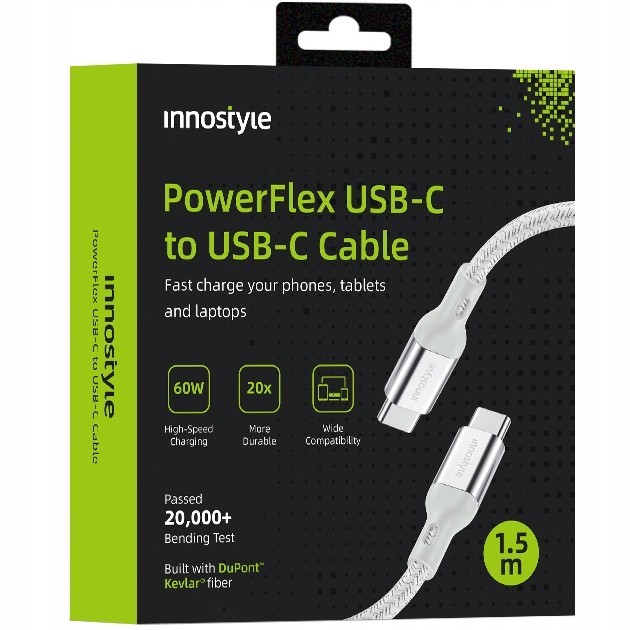 Innostyle Powerflex Usb-C Cablu De &Icirc;ncărcare Rapidă Pentru Iphone Samsung 3A 60W Kevlar 60W 2M Argint