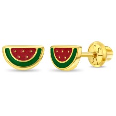 Cercei din Aur 14K pentru Copii &ndash; Pepene rosu email rosu si verde, inchidere cu Filet si Protectie