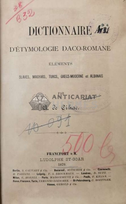 Dictionnaire d&#039;etymologie daco-romane - 1879 - A. de Cihac ($S174)