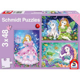 Puzzle Schmidt: Prințesa, z&acirc;na și sirena, set de 3 puzzle-uri x 48 piese + cadou: poster