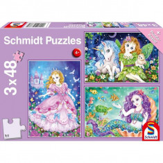 Puzzle Schmidt: Prințesa, zâna și sirena, set de 3 puzzle-uri x 48 piese + cadou: poster