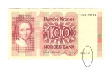 Bancnota Norvegia 100 kroner 1986, stare buna, mica ruptura