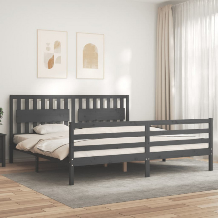 vidaXL Cadru pat cu tăblie 200x200 cm, gri, lemn masiv