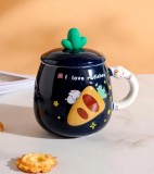 Cana cu capac si lingurita, design iepuras,albastru inchis,ceramica,500 ml