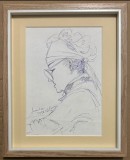 Tablou 1996 Portret Maria grafică &icirc;n creion și pix inramat 22x27cm, Portrete, Cerneala, Realism