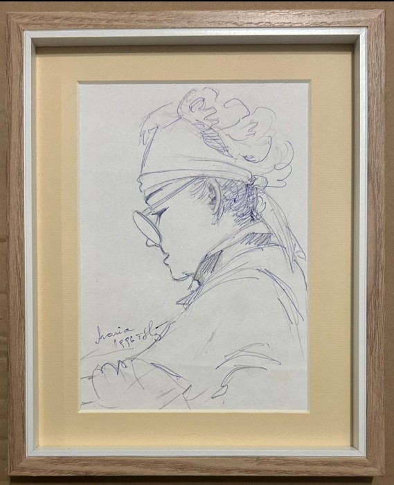 Tablou 1996 Portret Maria grafică &icirc;n creion și pix inramat 22x27cm