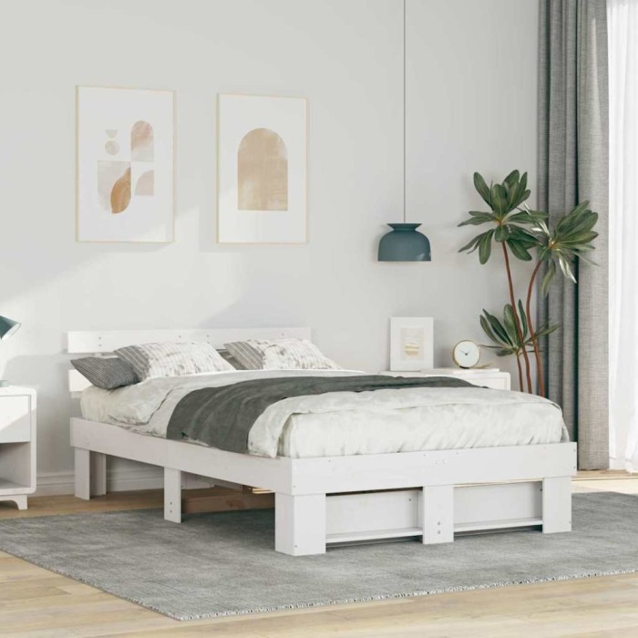 vidaXL Cadru de pat cu headboard Alb 135 x 190 cm Lemn masiv de pin 872492