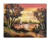 Cumpara ieftin Tablou peisaj apus de soare cu pescar, 50x40cm ulei pe panza, Constantin Feraru