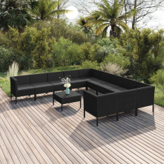 vidaXL Set mobilier de grădină cu perne, 12 piese, negru, poliratan