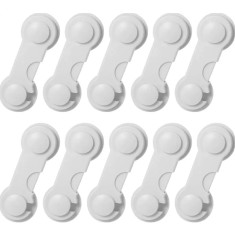 Set 10 sisteme de siguranta copii pentru blocare usi si sertare, Autoadeziv, ABS, Alb
