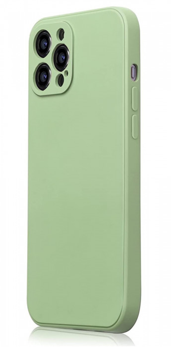 Husa din silicon compatibila cu iPhone 13 Pro Max, silk touch, interior din catifea cu decupaje la camere, Verde deschis