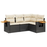 Set mobilier de gradina cu perne, 4 piese, negru, poliratan