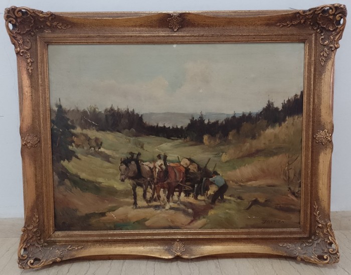 Ulei pe panza o lucrare veche semnată &icirc;ncadrata &icirc;ntr-o ramă Blondel din lemn masiv sculptata manual